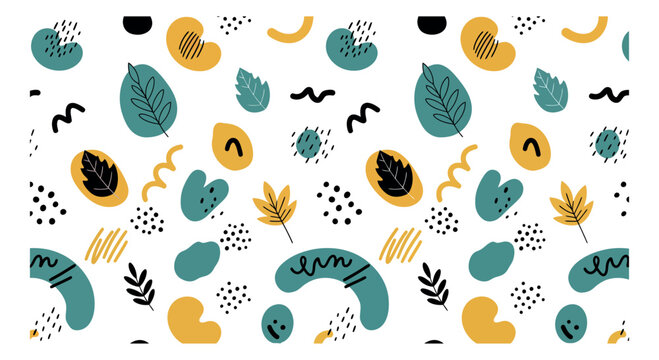 Modern abstract hand drawn design elements set featuring organic shapes, leaves, and doodle accents for trendy patterns and nature-inspired projects