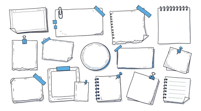 Hand drawn paper elements set featuring blank sticky notes, memo pads and notebooks for creative projects