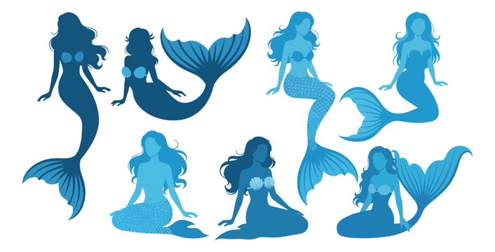 Modern silhouette mermaid set featuring female figures with fish tails in various poses for design elements