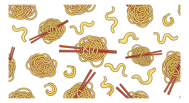 Hand drawn line art noodle elements set featuring various noodle shapes and chopsticks for asian food branding