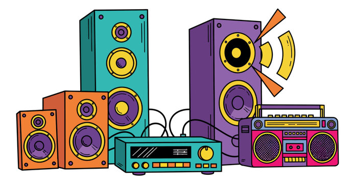 Retro hand drawn line art audio equipment set featuring colorful speakers, an amplifier, and a boombox for music and entertainment