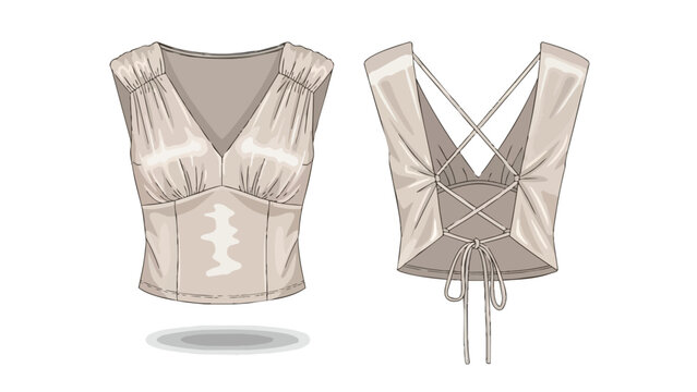 Elegant sleeveless v-neck top with intricate back lacing and delicate ruching, presented in a crisp, isolated flat technical drawing for a refined