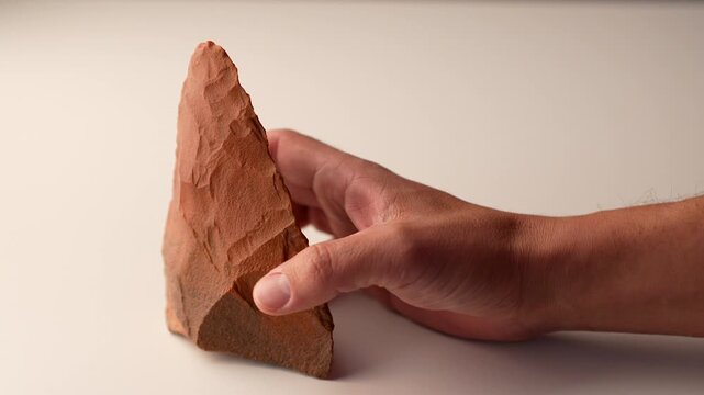 Bifacially worked flint lithic artifact with a partial and irregular edge. Robust tool, probably used as a cutter or pick. Attributable to the Middle Paleolithic. North Africa. 4K slow motion
