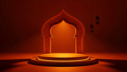 Islamic background design with a glowing arch and podium for product display during ramadan