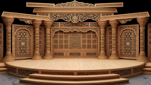 A grand and intricately carved traditional wooden stage setup for cultural events and weddings