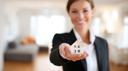 Fototapeta na wymiar Real estate business market, house home building purchase sale. A woman in a white shirt and black blazer holding a miniature house in her hand, with a blurred background suggesting a home setting.