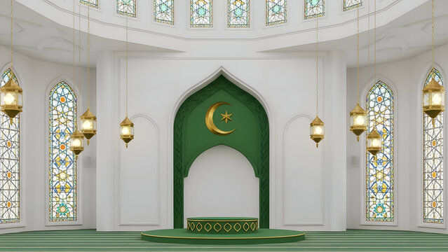 Interior view of a modern mosque with green mihrab and stained glass windows