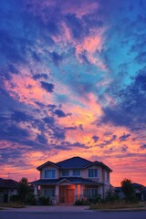 Real estate business market, house home building purchase sale. A residential neighborhood at twilight, with a house in the foreground surrounded by lush plants and trees.