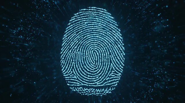 Fingerprint scan with moving particles around, biometric security and digital authentication concept