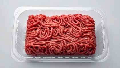 Fresh Ground Beef in Plastic Container on White Background.