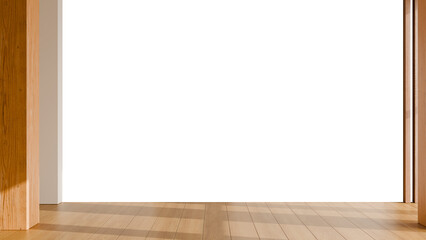 Naklejka premium Empty minimal room interior with white wall, wooden floor, and sunlight shadows for product presentation on transparent background- 3D rendering