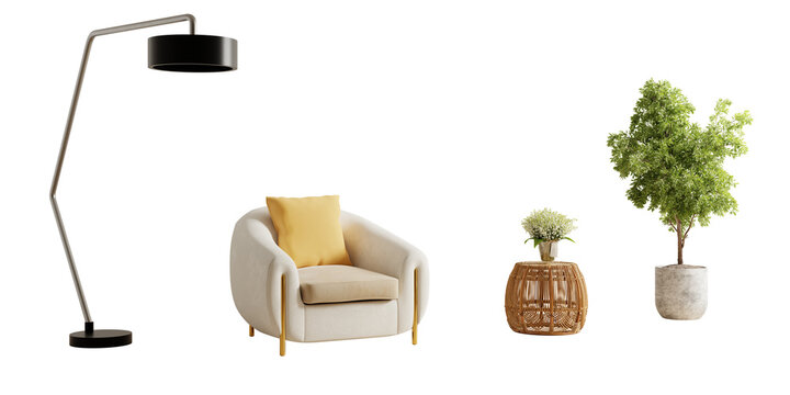 Modern interior design elements set including armchair, floor lamp, potted plant, and wicker side table isolated on transparent background- 3D rendering