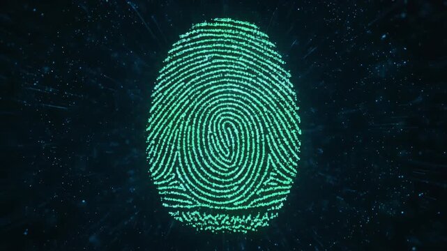 Fingerprint scan with moving particles around, biometric security and digital authentication concept