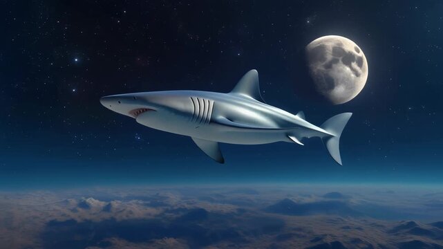 Shark flying in space above the Earth's atmosphere with a full moon.