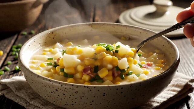 Creamy corn chowder in ceramic bowl with fresh herbs and garnishes