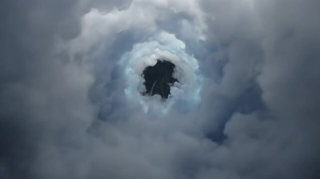 A swirling vortex of cloud and mist, with a dark center, appears against a black backdrop
