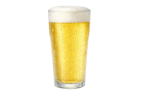 Pint of cold lager beer with foam and condensation. Refreshing alcoholic drink isolated on transparent background