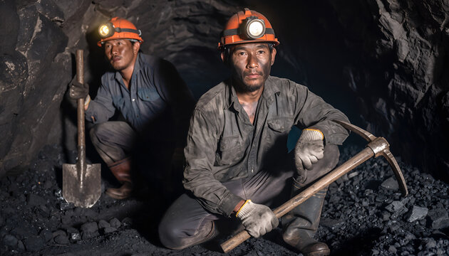 Two miners in a dark coal mine wearing helmets with lights holding tools.