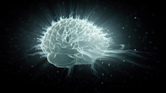 Abstract glowing brain cell with radiating energy on a dark background.