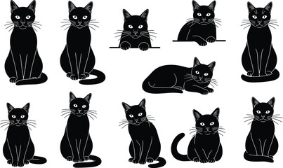 Black cat silhouette set cute feline collection sitting standing lying poses whiskers pet animal vector illustration isolated design