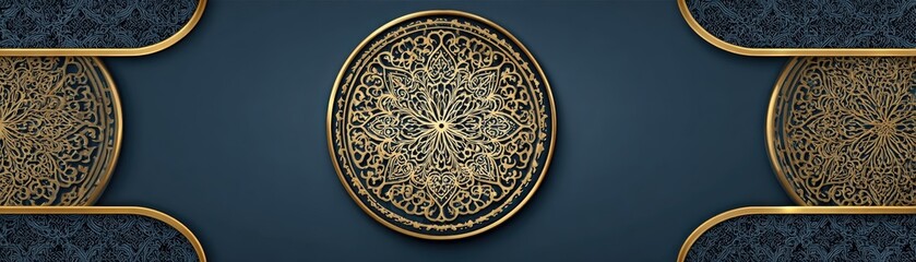 Fototapeta premium An intricate circular design featuring ornate patterns in gold against a dark background, creating a striking visual appeal.