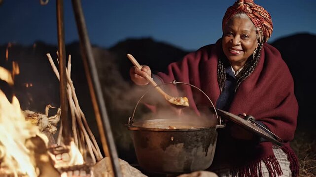 Woman cooking over campfire outdoors night scene