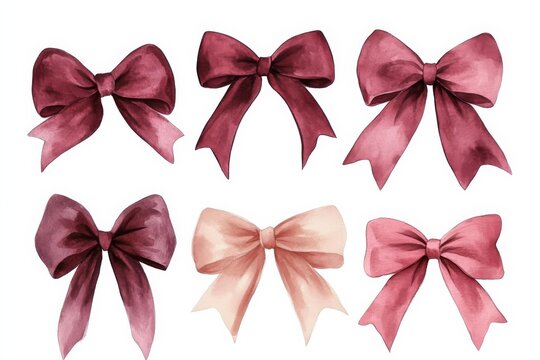 Watercolor bows in bordo colors creating a simple design on a white background for various crafts and decorations