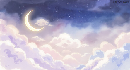 Glowing Crescent Moon in Dreamy Starry Night Sky with Pastel Clouds.