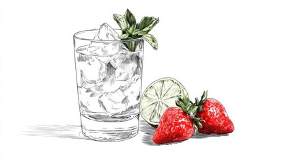 Refreshing Strawberry and Lime Mocktail with Ice and Mint Garnish