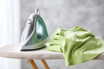 Modern steam iron positioned beside a neatly draped pastel green t-shirt on an ironing board with soft fabric folds and professional lighting