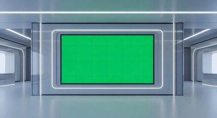 Obraz premium Digital Screen Green Mockup Futuristic Interior Corridor Technology Advertising Display Background