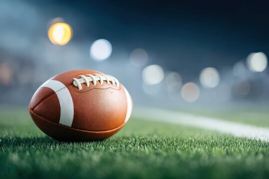 American football resting on green turf with soft bokeh lights in the background, shallow depth of field and subtle mist in the air