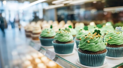 High bakery display case featuring green-frosted cupcakes with shamrock toppers and gold sprinkles, bright retail lighting and clean glass reflections