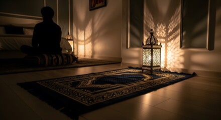 Serene Muslim man meditating in peaceful indoor setting with lantern