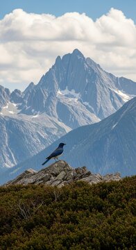 Alpine Majesty - A Clarks Nutcracker Perched Amidst Mountain Peaks.