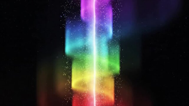 Vibrant vertical rainbow light beam pulsating with sparkling particles on a dark background for abstract energy flow concept and futuristic data