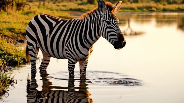 A zebra drinks from a serene lake surrounded by lush greenery, with its reflection mirrored in the water