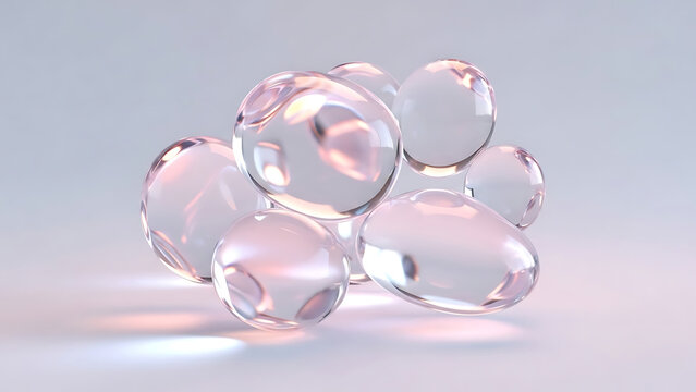 Transparent liquid droplets with pink and blue reflections