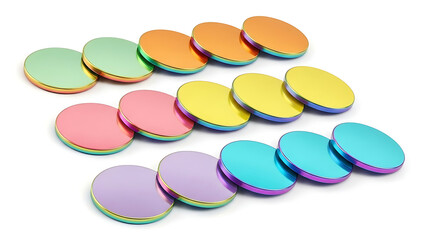 Rows of iridescent circular objects on white background