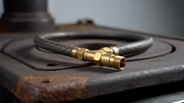 A braided hose with brass fittings lies on a rusty, old stove top