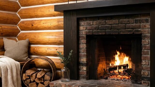 log cabin fireplace. A cozy log cabin interior features a rustic brick fireplace crackling with warm flames, surrounded by wooden walls and soft textiles for a welcoming atmosphere