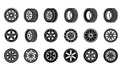 Car wheel and tire icon set with rims and auto wheel symbols vector © Md