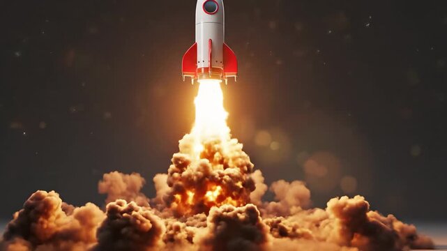 Business startup concept with a rocket launching into the starry sky, symbolizing ambition, progress, and market launch