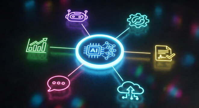 artificial intelligence technology concept with neon glowing icons for machine learning chatbot data analysis cloud computing automated processing and digital neural networks - Powered by Adobe