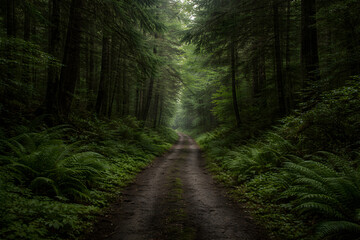 Obraz premium Misty forest path through dense green woodland