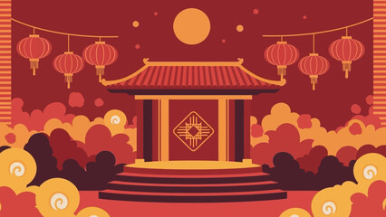 Obraz premium Vibrant Chinese New Year celebration scene with traditional lanterns, a pagoda, and festive red and gold clouds.