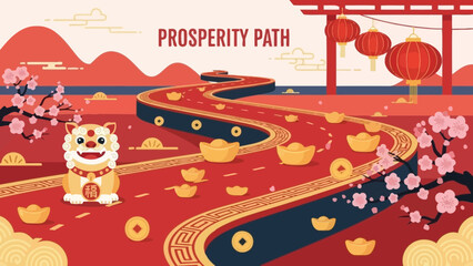 Obraz premium A vibrant Chinese New Year illustration depicting a prosperity path adorned with gold ingots and coins, leading towards a traditional building with lanterns, featuring a festive lion.