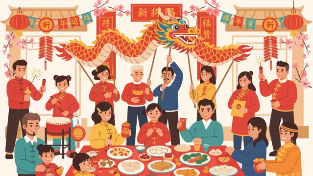 A vibrant Chinese New Year celebration with a dragon dance, family gathering, and festive decorations.