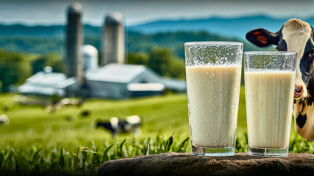 Two glasses fresh milk rock cow dairy farm natural product agriculture healthy food drink protein nutrition rural scenic landscape farming industry beverage vitamin