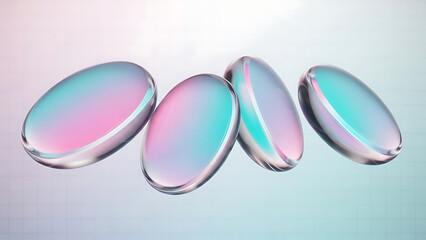 Four iridescent oval glass objects with soft light